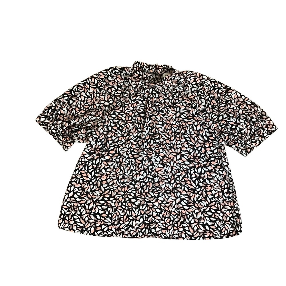Evereve Women's‎ Pink Black Penny Mock Neck Short Puff Sleeve Top Size M NWOT - Picture 2 of 5